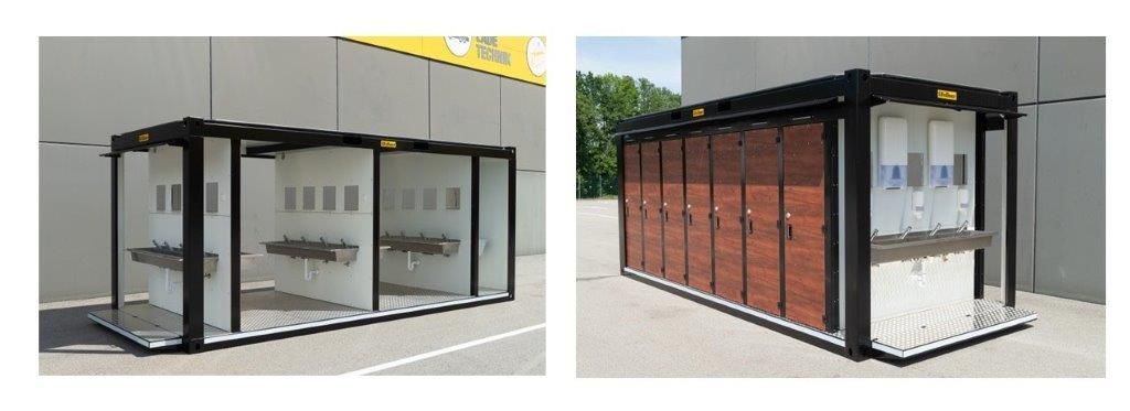 BVH- Mobile WC-Container Verkleidungen- Produkt Kronoplan 8 mm Dekore 0160 Porzellan Weiß und Kronoart 8 mm Dekore K251 Brandy Oak